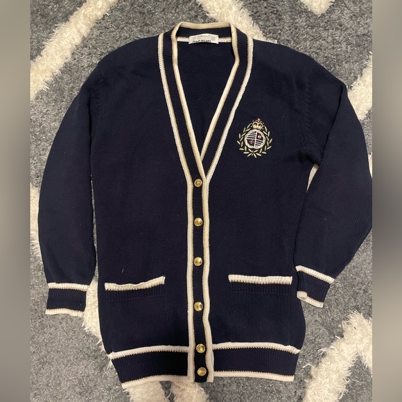 Vintage Cardigan Sweater Women’s 10 Gold Button Unique Stylish Navy Stripe - Picture 1 of 7